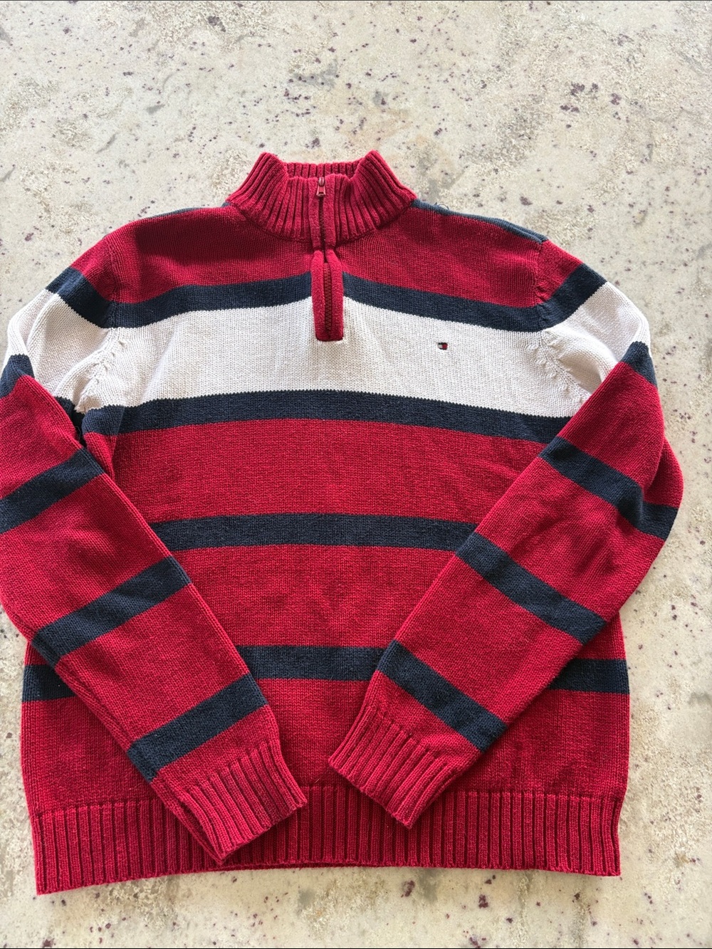 Tommy Hilfiger Red Navy Cream Striped Half-Zip Sweater
